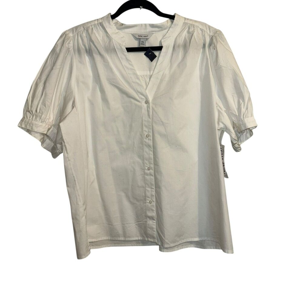 Nine West White Puff Sleeve Blouse XXL Button Front Cotton Top